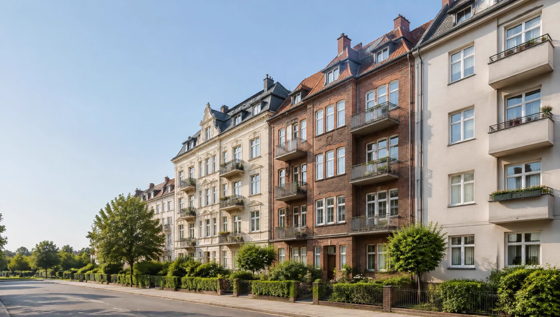 Mehrfamilienhäuser unterschiedlicher Baujahre in einer Wohnstraße